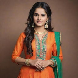 Visualize a woman named Anupama dressed as a Punjabi woman. She is wearing a vividly colored salwar kameez with intricate embroidery, accessorized with jhumka earrings and bangles. She is exuding the essence of Punjabi culture.