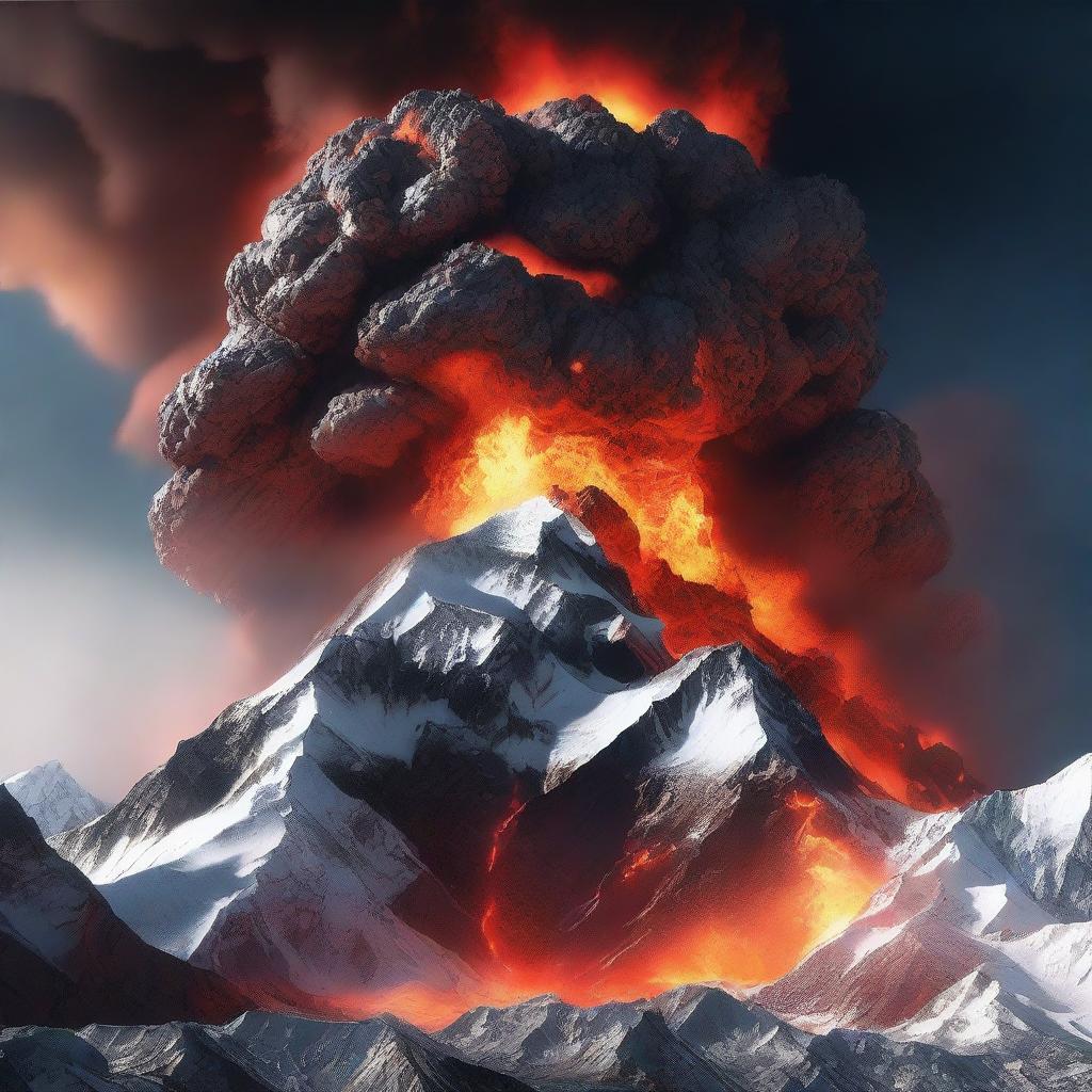 An intense, high-resolution 3D render showcasing the volcanic Mount Everest in a state of severe eruption