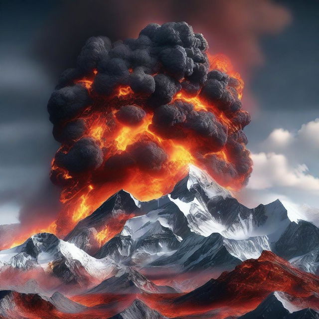 An intense, high-resolution 3D render showcasing the volcanic Mount Everest in a state of severe eruption