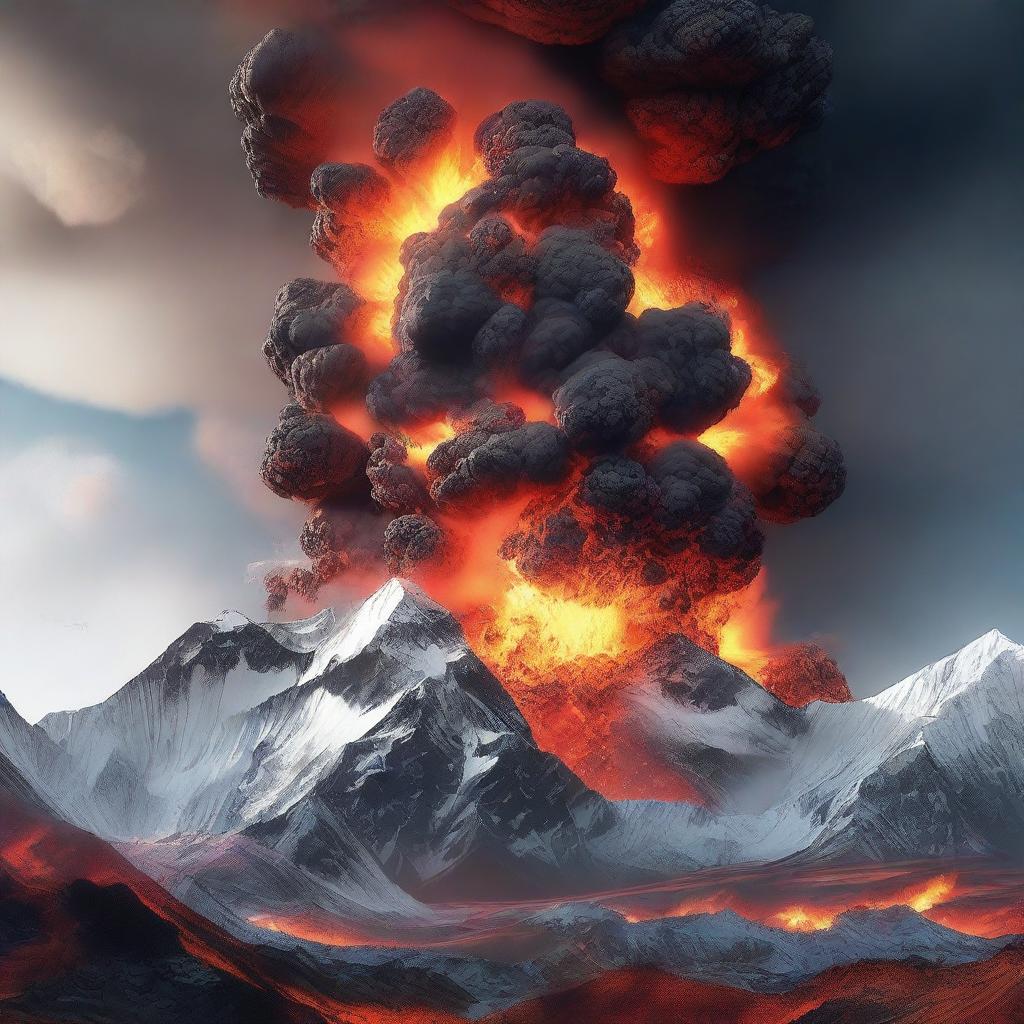 An intense, high-resolution 3D render showcasing the volcanic Mount Everest in a state of severe eruption