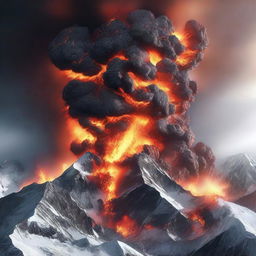 An intense, high-resolution 3D render showcasing the volcanic Mount Everest in a state of severe eruption