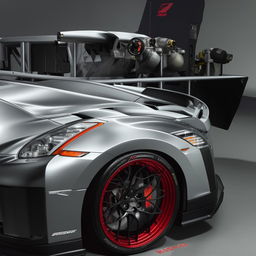 A Nissan GTR Nismo with dramatically oversized spoiler and wheels, enhanced by massive turbochargers.