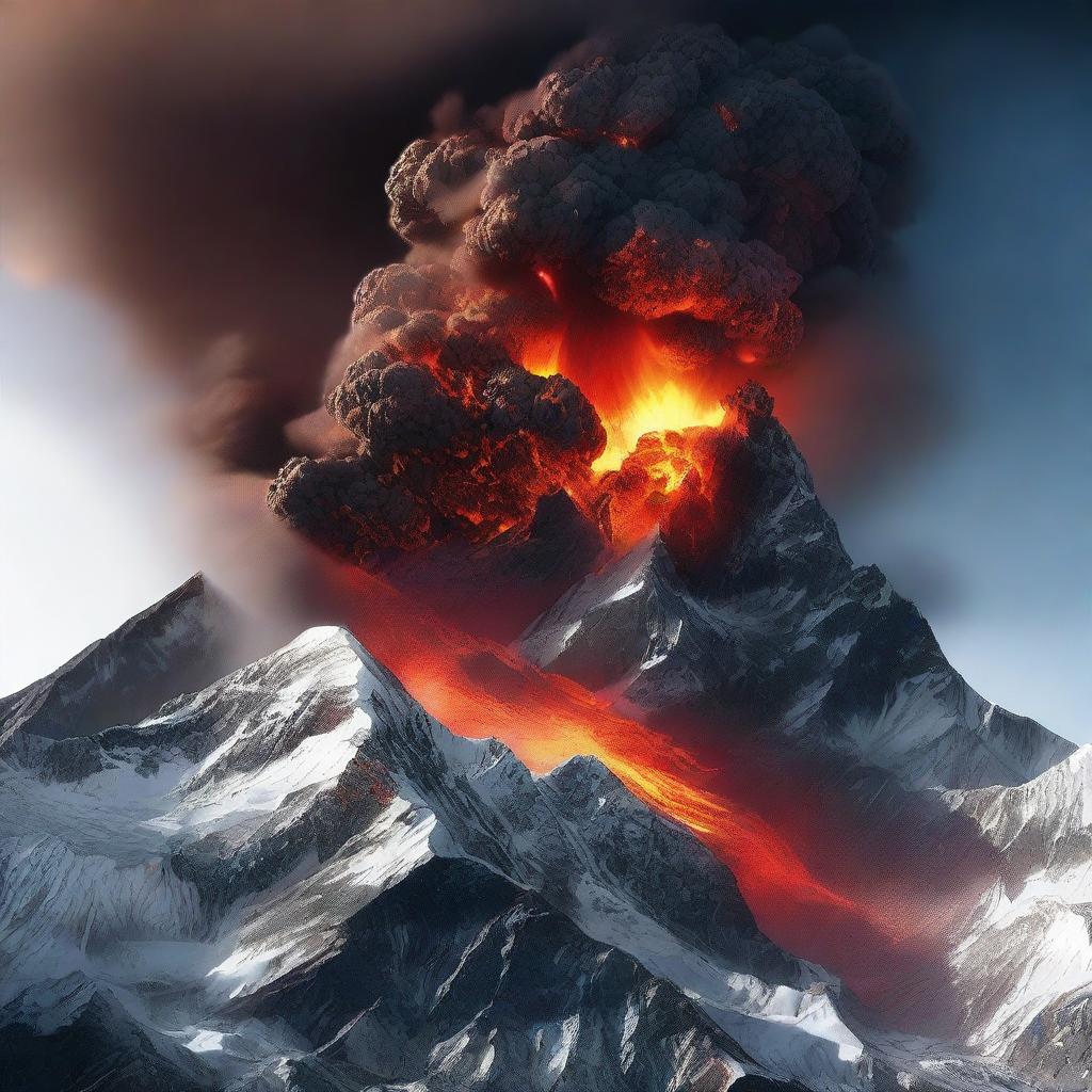 A dramatic, high-quality 3D render of the volcanic Mount Everest in full eruption, with a wide-angle view that encompasses both Tibet and Nepal