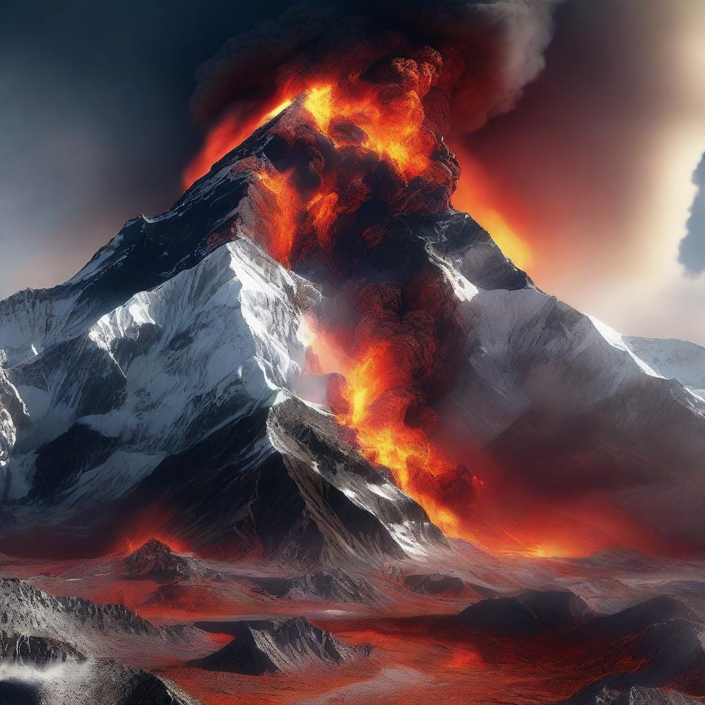 A dramatic, high-quality 3D render of the volcanic Mount Everest in full eruption, with a wide-angle view that encompasses both Tibet and Nepal