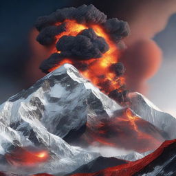 A dramatic, high-quality 3D render of the volcanic Mount Everest in full eruption, with a wide-angle view that encompasses both Tibet and Nepal