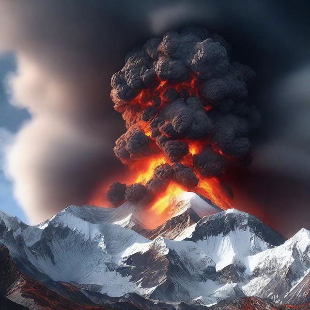 A dramatic, high-quality 3D render of the volcanic Mount Everest in full eruption, with a wide-angle view that encompasses both Tibet and Nepal