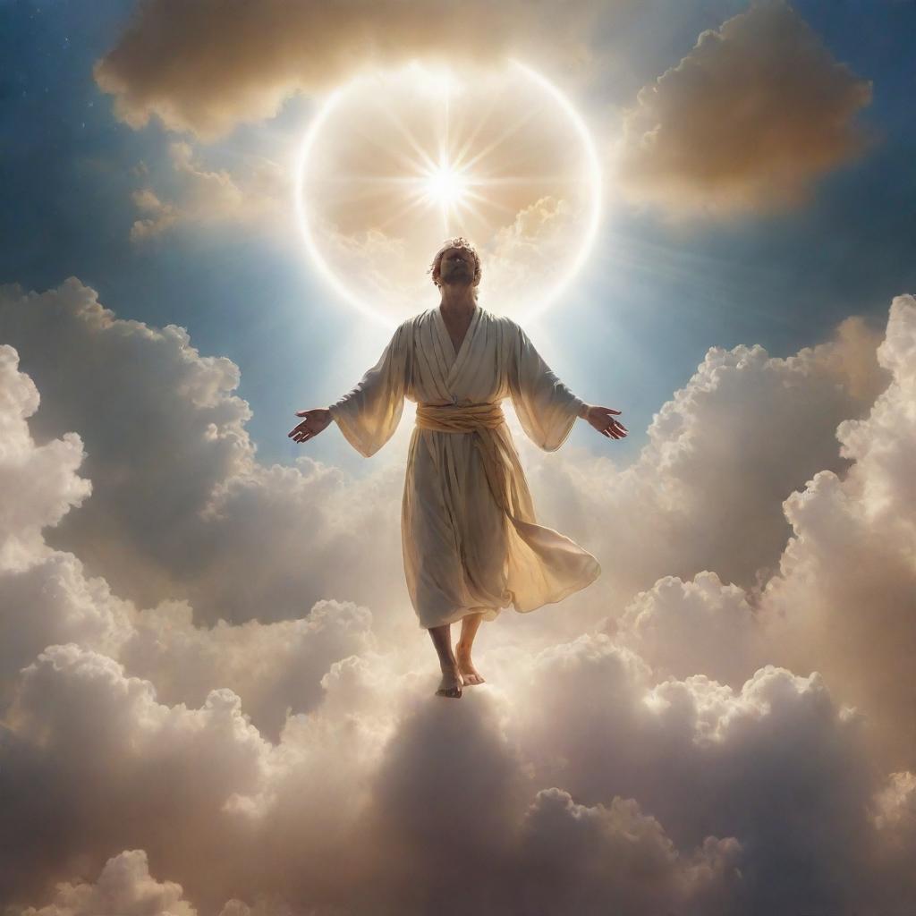 A celestial man descending from the heavens, surrounded by glowing light and serene clouds.