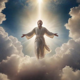 A celestial man descending from the heavens, surrounded by glowing light and serene clouds.