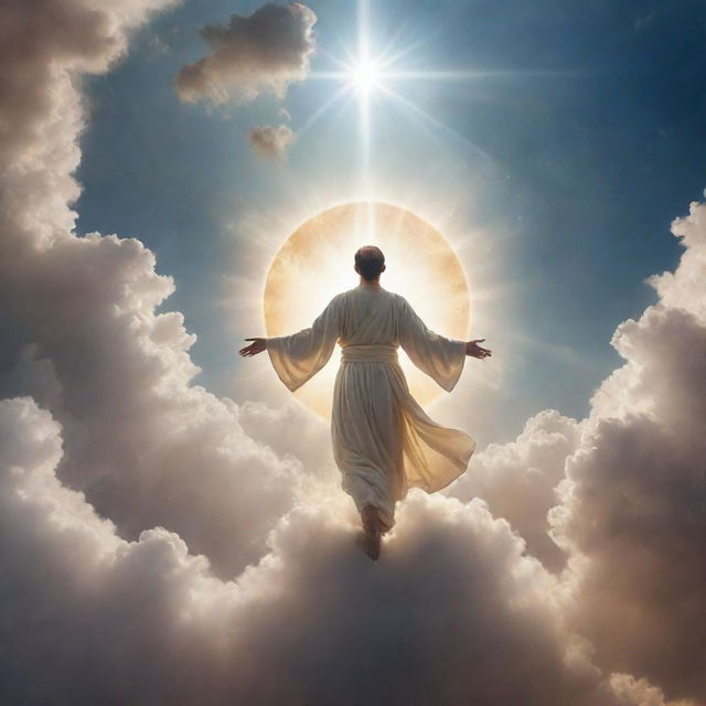 A celestial man descending from the heavens, surrounded by glowing light and serene clouds.