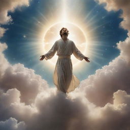 A celestial man descending from the heavens, surrounded by glowing light and serene clouds.