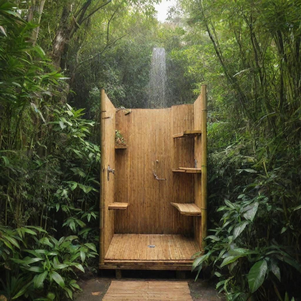 An open-air, bamboo-made shower, nestled naturally amidst lush greenery.