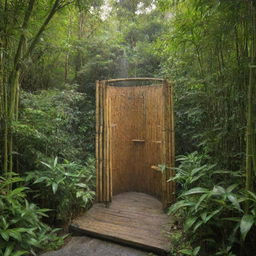 An open-air, bamboo-made shower, nestled naturally amidst lush greenery.