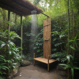 An open-air, bamboo-made shower, nestled naturally amidst lush greenery.