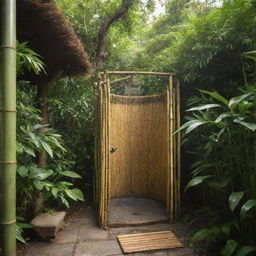 An open-air, bamboo-made shower, nestled naturally amidst lush greenery.