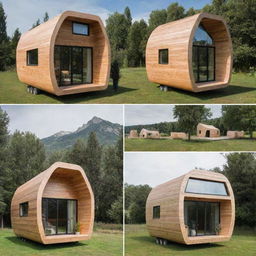 A collection of futuristic, minimalistic tiny houses, with the majority of their construction using innovative wood designs.