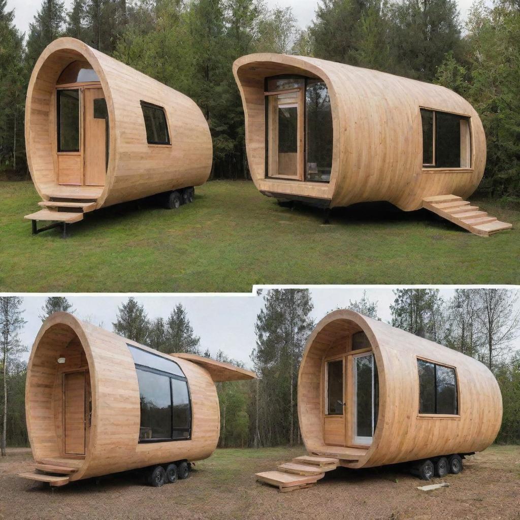 A collection of futuristic, minimalistic tiny houses, with the majority of their construction using innovative wood designs.