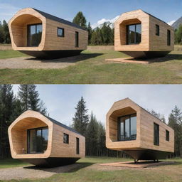 A collection of futuristic, minimalistic tiny houses, with the majority of their construction using innovative wood designs.