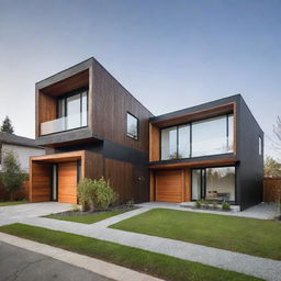 An array of futuristic, compact houses featuring sleek designs using a modern blend of wood and steel elements.