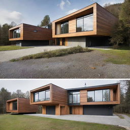 An array of futuristic, compact houses featuring sleek designs using a modern blend of wood and steel elements.