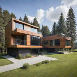 An array of futuristic, compact houses featuring sleek designs using a modern blend of wood and steel elements.