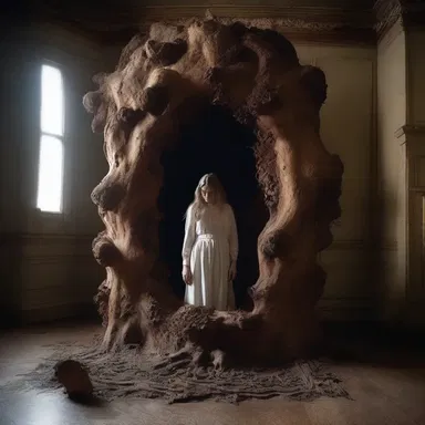 As she reached down to touch the burl, it unexpectedly came alive, revealing a sinister face and filling the room with eerie laughter.