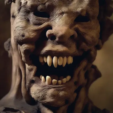 As she reached down to touch the burl, it unexpectedly came alive, revealing a sinister face and filling the room with eerie laughter.
