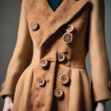 The fashion designer incorporated burls into the design of the wooden buttons on her couture coat, adding a unique and natural touch.