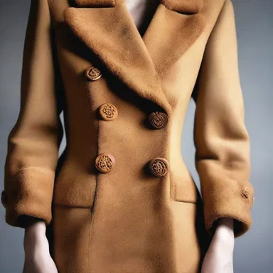 The fashion designer incorporated burls into the design of the wooden buttons on her couture coat, adding a unique and natural touch.