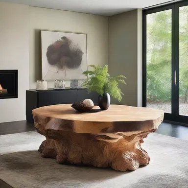 The architect used a large burl as the centerpiece for a stunning coffee table, showcasing the beauty of nature in the modern interior design.