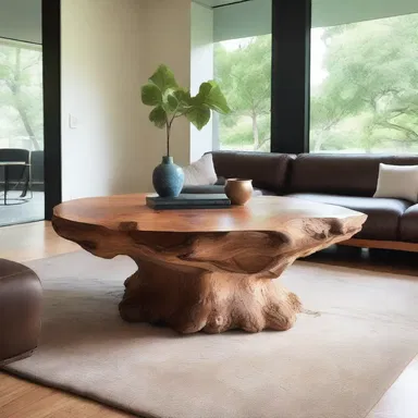 The architect used a large burl as the centerpiece for a stunning coffee table, showcasing the beauty of nature in the modern interior design.