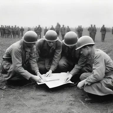 During World War II, the soldiers formed a huddle to strategize their next move on the battlefield.
