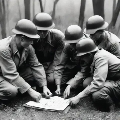 During World War II, the soldiers formed a huddle to strategize their next move on the battlefield.