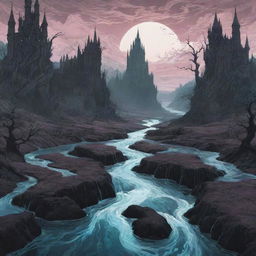 Liquid glass rivers flowing through a fantastical, gothic-era landscape, created with an illustration palette style