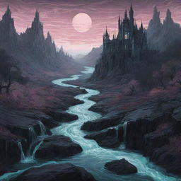 Liquid glass rivers flowing through a fantastical, gothic-era landscape, created with an illustration palette style