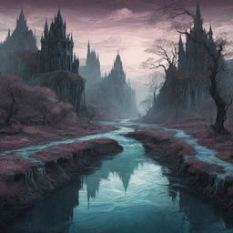 Liquid glass rivers flowing through a fantastical, gothic-era landscape, created with an illustration palette style