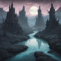 Liquid glass rivers flowing through a fantastical, gothic-era landscape, created with an illustration palette style