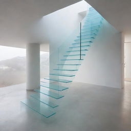 A floating, transparent glass staircase leading upwards to an ethereal, otherworldly realm