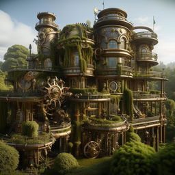 A sprawling villa in the fantasy style with intricate steampunk details, including gears and pipes, set within a lush, green landscape.