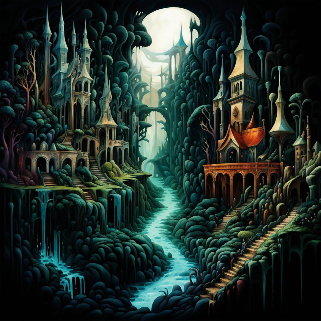 A fantastical landscape where gothic era-like structures are interspersed and rivers of liquid glass flow. Use an illustration palette for vibrancy and detail.