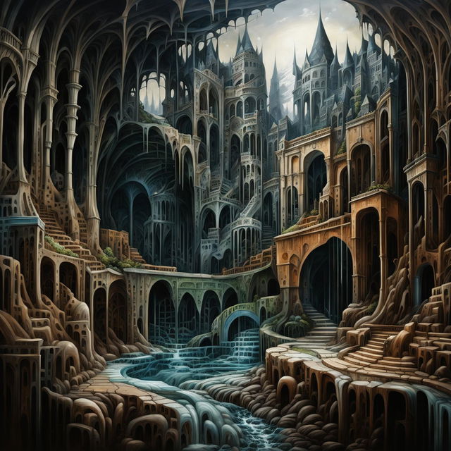 A hyper-detailed, photo-realistic depiction of a fantastical landscape where intricate gothic era-like structures intertwine and rivers of liquid glass flow. It should be brimming with captivating and awe-inspiring beauty.