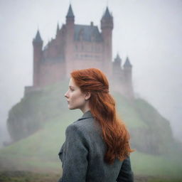 A redhead girl gazing towards an imposing, fog-shrouded castle in the distance