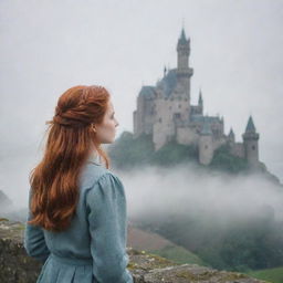 A redhead girl gazing towards an imposing, fog-shrouded castle in the distance