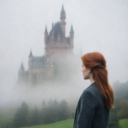 A redhead girl gazing towards an imposing, fog-shrouded castle in the distance