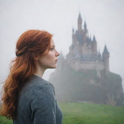 A redhead girl gazing towards an imposing, fog-shrouded castle in the distance