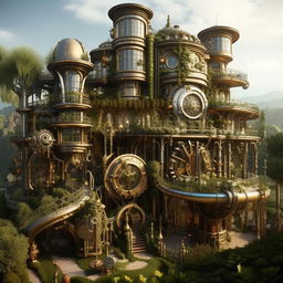 A sprawling villa in the fantasy style with intricate steampunk details, including gears and pipes, set within a lush, green landscape.