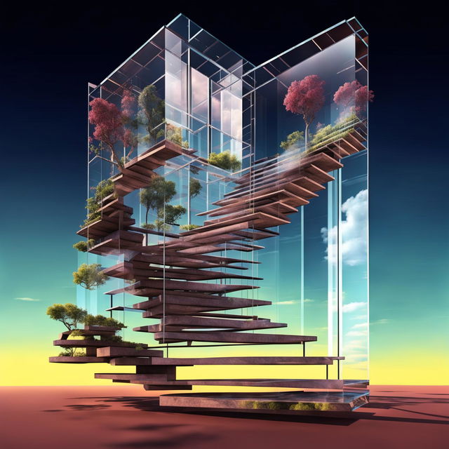 A gleaming, transparent floating glass staircase leading upwards into an ethereal, mystical realm full of vibrant and surreal landscapes.