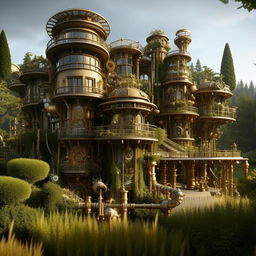 A sprawling villa in the fantasy style with intricate steampunk details, including gears and pipes, set within a lush, green landscape.