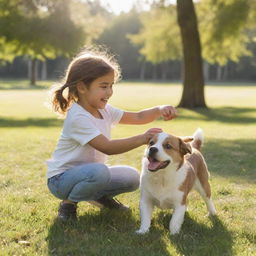 A youthful girl joyfully playing with a playful dog in a sunlit park