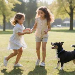 A youthful girl joyfully playing with a playful dog in a sunlit park