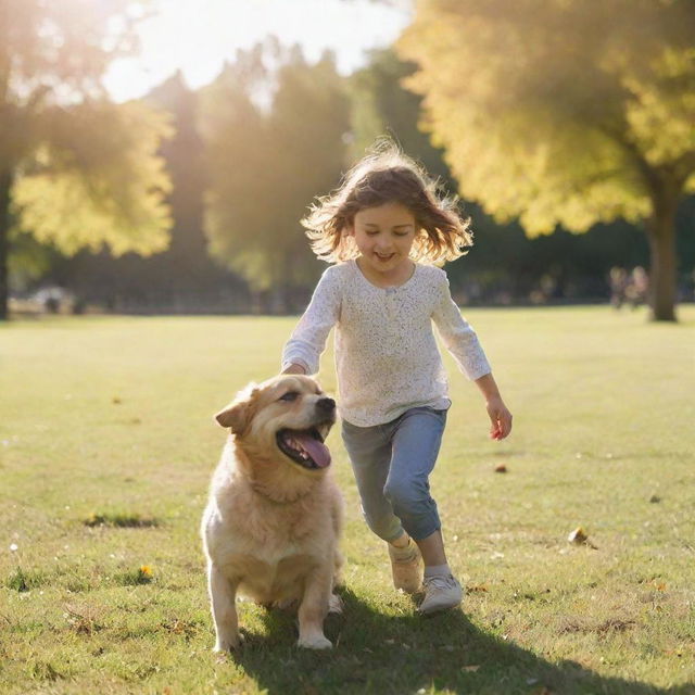 A youthful girl joyfully playing with a playful dog in a sunlit park